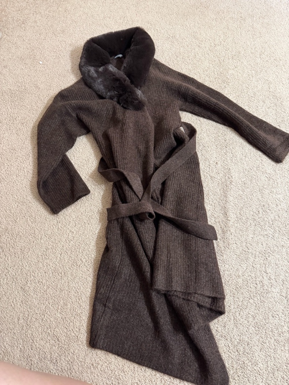 Fashion Nova Brown Long Knit Belted Cardigan with Faux Fur Collar